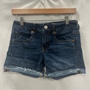 American Eagle Super Stretch Midi Denim Shorts Womens Size 4 Dark Wash Raw Hem